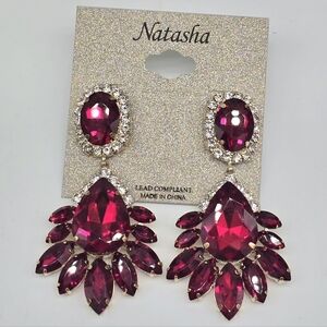 Natasha Couture Ruby Red Statement Earrings 3 Inch Gold Tone